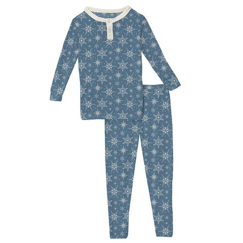 KicKee Pants L/S Henley Pajama Set - Parisian Blue Snowflakes-Pumpkin Pie Kids Canada