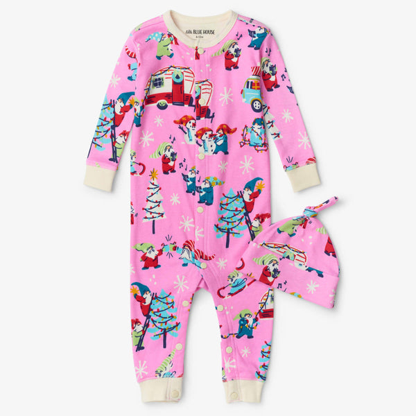 Little Blue House Coverall & Hat Set - Pink Gnome for the Holidays-Pumpkin Pie Kids Canada