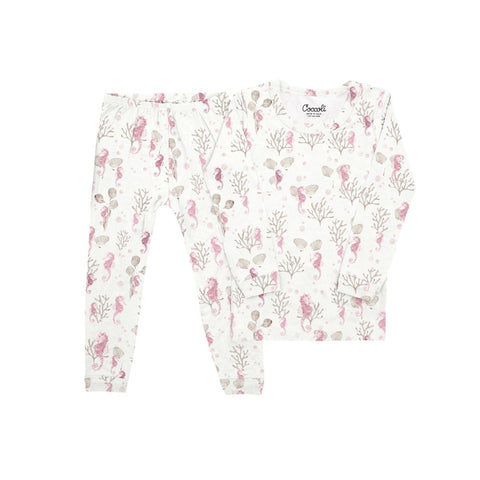 Coccoli Modal Pajama Set - Seahorses on Cream-Pumpkin Pie Kids Canada