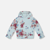 Deux Par Deux Fleece Hoodie - Big Flowers on Blue-Pumpkin Pie Kids Canada