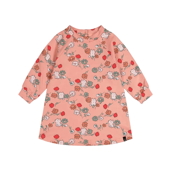 Deux Par Deux French Terry Dress - Cats & Flowers-J20E85-2J254 3-Pumpkin Pie Kids Canada