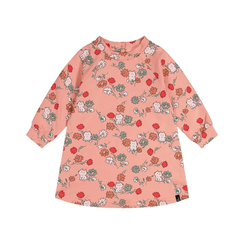 Deux Par Deux French Terry Dress - Cats & Flowers-J20E85-2J254 3-Pumpkin Pie Kids Canada