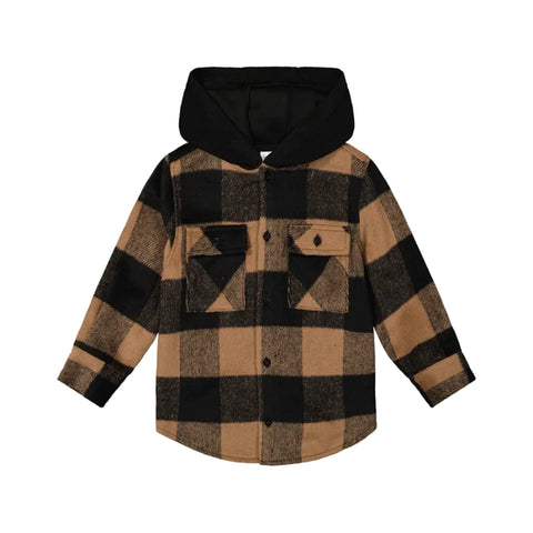 Deux Par Deux Hooded Flanel Shirt - Brown Plaid-J20U19-2J272 4-Pumpkin Pie Kids Canada
