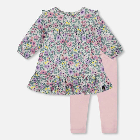 Deux Par Deux Muslin Dress & Legging Set - Watercolour-Pumpkin Pie Kids Canada