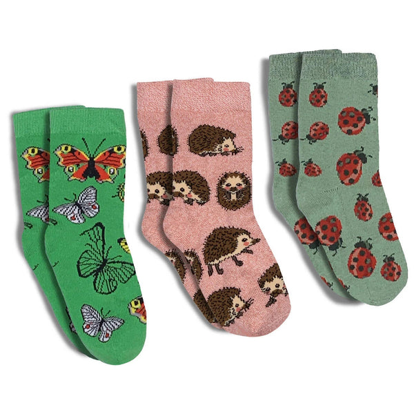 Good Luck Sock Crew Socks 3pk - Butterflies, Hedgehogs, Ladybugs-Pumpkin Pie Kids Canada