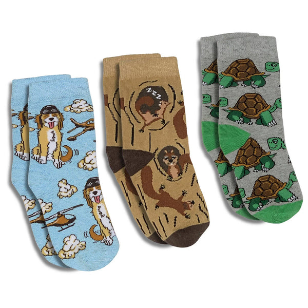 Good Luck Sock Crew Socks 3pk - Cockapoo Pilot, Squirrels & Tortoises-Pumpkin Pie Kids Canada