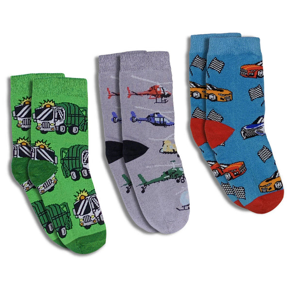 Good Luck Sock Crew Socks 3pk -Trucks, Helicopters, Race Cars-10132-Pumpkin Pie Kids Canada