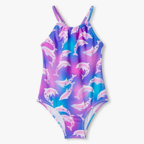Hatley Gather Front Swimsuit - Airbrush Dolphins-S25ADK1381 2-Pumpkin Pie Kids Canada
