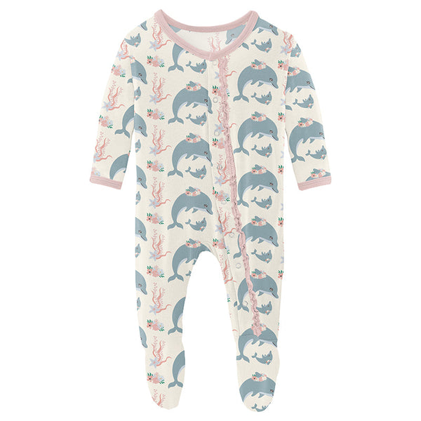 KicKee Pants Classic Ruffle Footie with 2W zipper - Natural Dolphins-RCZ112-5-LI-F24D3BNDOL N-Pumpkin Pie Kids Canada