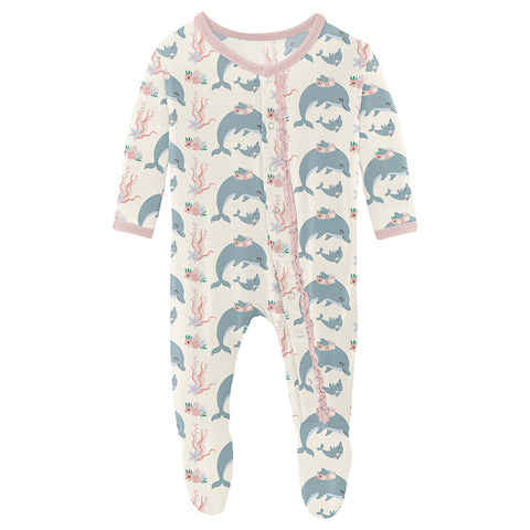 KicKee Pants Classic Ruffle Footie with 2W zipper - Natural Dolphins-RCZ112-5-LI-F24D3BNDOL N-Pumpkin Pie Kids Canada