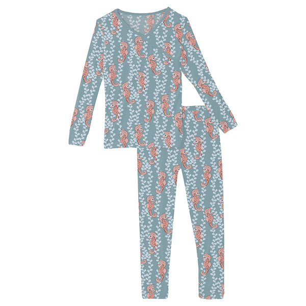 KicKee Pants L/S Kimono Pajama Set - Stormy Seahorses-Pumpkin Pie Kids Canada