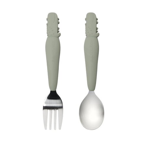 Loulou Lollipop Spoon Fork Set - Sage Alligator-TSET-001-SAG-Pumpkin Pie Kids Canada