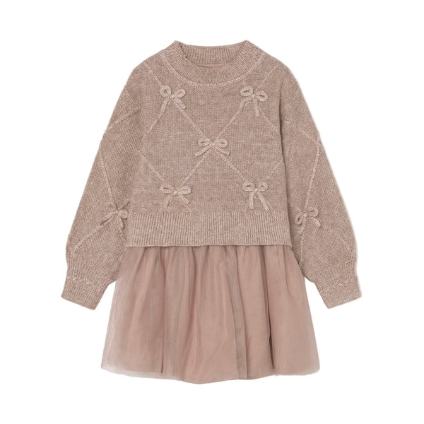 Mayoral Knit Dress w/Bows - Beige Vigo-4927-37 4-Pumpkin Pie Kids Canada