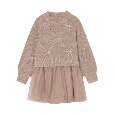 Mayoral Knit Dress w/Bows - Beige Vigo-4927-37 4-Pumpkin Pie Kids Canada