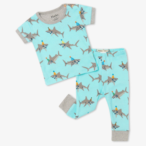 Hatley Organic Short Sleeve Pajama Set - Party Sharks-Pumpkin Pie Kids Canada