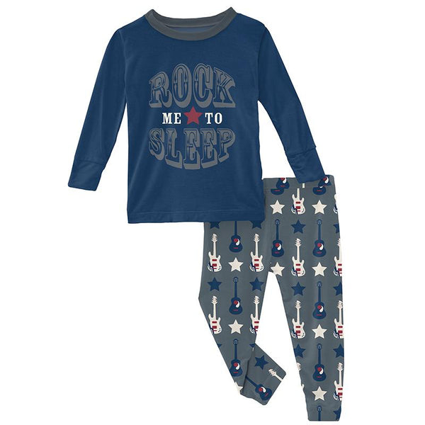 KicKee Pants Graphic Tee Pajama Set - Slate Guitars and Stars-Pumpkin Pie Kids Canada