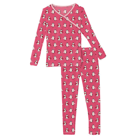 KicKee Pants L/S Kimono Pajama Set - Winter Rose Penguins-Pumpkin Pie Kids Canada